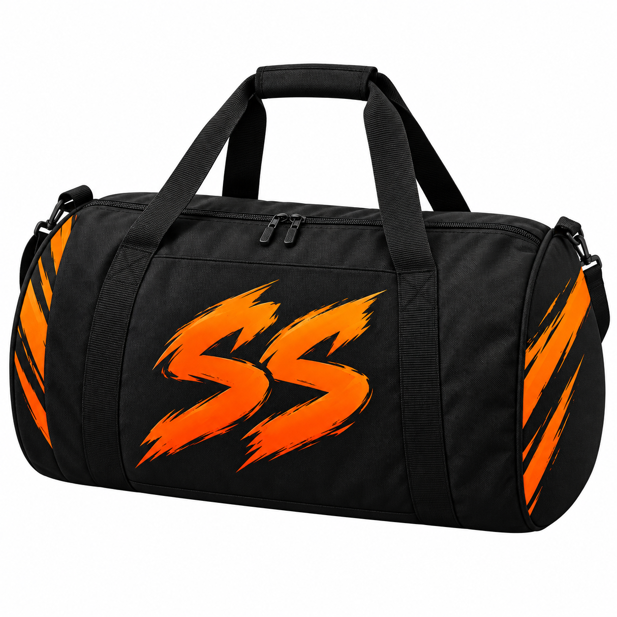 Design concept: black duffel gym bag with an orange SS logo