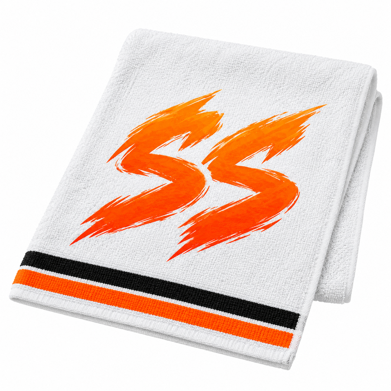 Design concept: white gym towel with orange SS logo and black and orange stripes